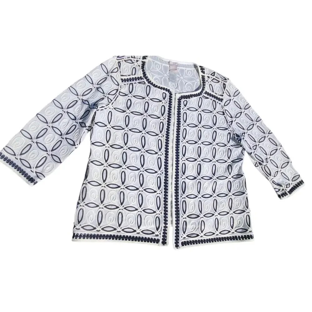 CHICOS TRAVELERS WOMEN OPEN DRESSY CARDIGAN JACKET BLAZER BLACK WHITE SZ 2 LG 12 - Picture 2 of 10